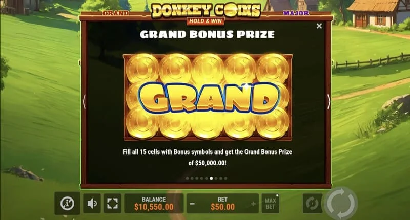 Donkey Coins Hold & Win - ეკრანი Mini, Minor, Major, Grand Jackpot-ებით