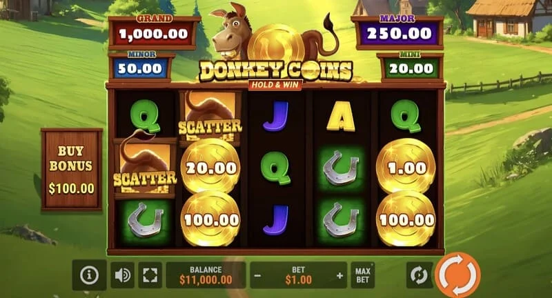 Donkey Coins Hold & Win - მთავარი ეკრანი დაწნული ბარაბნებით